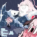  2girls <|>_<|> =_= blue_archive blush chibi collarbone convenient_censoring embarrassed halo hanako_(blue_archive) hanako_(swimsuit)_(blue_archive) head_wings koharu_(blue_archive) koharu_(swimsuit)_(blue_archive) looking_at_another multiple_girls naked_shirt official_alternate_costume open_clothes open_shirt outstretched_arms pink_hair projected_inset rain shirt smile surprised waves whitydragon wings 