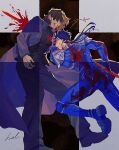  2boys armor black_footwear black_pants black_shirt blood blood_from_mouth blood_on_clothes blood_on_face blood_on_weapon blue_bodysuit bodysuit brown_hair clenched_teeth cross cross_necklace cu_chulainn_(fate) cu_chulainn_(fate/stay_night) death duel fate/stay_night fate_(series) gae_bolg_(fate) hal_(haaaalhal) highres impaled injury jewelry kotomine_kirei male_focus multiple_boys necklace pants polearm shirt short_hair shoulder_armor signature spear steel-toe_boots teeth weapon 