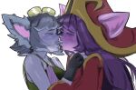  anthro blush bodily_fluids clothed clothing duo eyes_closed eyewear female female/female fur glasses hair hat headgear headwear hi_res kiss_on_lips kissing league_of_legends lulu_(lol) null0patience open_mouth riot_games short_stack simple_background tristana_(lol) yordle 