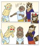 &lt;3 &lt;3_eyes anthro blush clean_diaper clothed clothing diaper embarrassed felix_(nik159) fully_clothed group hi_res humiliation laugh laughing_at male mammal mustelid nik_(nik159) nikraccoom otter procyonid raccoon trio wearing_diaper 