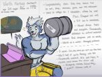  anthro blue_body blue_fur bottomwear canid canine canis character_bio clothing exercise fur hi_res male mammal model_sheet muscular muscular_male shirtless shorts solo teagandraws text varik_farkas weightlifting wolf workout youtube 