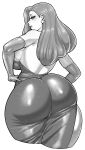  1girl absurdres ass ass_focus backless_dress backless_outfit bare_shoulders blush breasts dress earrings elbow_gloves eyeshadow gloves greyscale highres huge_ass jessica_rabbit jewelry large_breasts lipstick long_hair looking_at_viewer makeup monochrome shiny_clothes skin_tight solo strapless synecdoche thick_thighs thighs who_framed_roger_rabbit 
