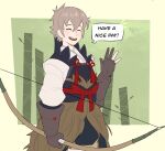  archer_(fate) archery bow captcarrotcake fire_emblem fire_emblem_fates happy highres kiragi_(fire_emblem) smile speech_bubble waving_arm 