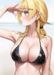  1girl ame_(uten_cancel) arm_up armpits bare_arms bare_shoulders bikini black_bikini blonde_hair blue_eyes blurry blurry_background blush breasts cleavage closed_mouth commentary hachimiya_meguru hair_ornament hair_scrunchie hairclip hand_on_own_forehead hand_up highres idolmaster idolmaster_shiny_colors large_breasts long_hair looking_afar looking_to_the_side outdoors piercing_hole profile scrunchie shading_eyes sideboob solo swimsuit symbol-only_commentary turning_head upper_body 