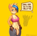  activision aku_aku anthro blue_eyes bra clothing crash_bandicoot_(series) dialogue ear_piercing flashing_penis genitals gloves grimoox1 gynomorph handwear intersex male penis piercing speech_bubble sports_bra tawna_bandicoot underwear 