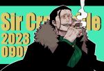  1boy ascot black_hair cigar coat crocodile_(one_piece) hair_slicked_back happy_birthday male_focus mature_male mosasaursun one_piece scar scar_on_face scar_on_nose short_hair smoking smug solo stitches upper_body wrinkled_skin 