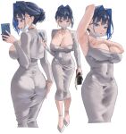  1girl archinoer armpits ass black_bag blue_eyes blue_hair blue_nails breast_tattoo breasts cellphone choker colored_inner_hair commentary cosplay covered_navel dongtan_lady_(k_pring) dongtan_lady_(k_pring)_(cosplay) dress earrings hair_bun hair_intakes highres holding holding_phone hololive hololive_english impossible_clothes impossible_dress jewelry large_breasts looking_at_viewer mask mouth_mask multicolored_hair multiple_views necklace ouro_kronii pantylines phone short_hair simple_background single_hair_bun smartphone surgical_mask symbol-only_commentary tattoo virtual_youtuber white_background white_choker white_dress white_footwear 