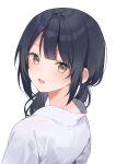  1girl black_hair brown_eyes collared_shirt commentary_request from_behind highres long_hair looking_at_viewer looking_back low_twintails midorikawa_you original shirt simple_background solo twintails white_background white_shirt 