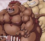  2023 anthro bear belly big_belly black_nose bodily_fluids brown_body censored chobikuma duo erection genitals hi_res humanoid_hands kemono male mammal moobs musclegut nipples overweight overweight_male penis suid suina sus_(pig) sweat wild_boar 