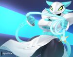  2023 abstract_background artist_name big_breasts breasts bunnemilk clothing curvy_figure deltarune dress eyelashes felid female hair hi_res holding_object holding_whip machine mammal robot short_hair smile solo tasque_manager thick_thighs undertale_(series) voluptuous whip white_hair wide_hips yellow_eyes 