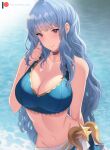  1girl absurdres artist_name bikini blue_bikini blue_hair blush breasts choker fire_emblem fire_emblem:_three_houses highres large_breasts lilshironeko long_hair marianne_von_edmund navel patreon_username solo sweat swimsuit wading water 