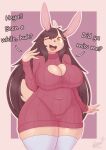  anthro biped breasts brown_eyes brown_hair cleavage clothed clothing dialogue english_text female hair hi_res lagomorph leporid mammal one_eye_closed open_mouth rabbit simple_background snackbunnii solo tan_body text 