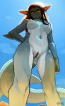  absurd_res anthro backlighting breasts brown_hair female fish front_view genitals gills grey_body grey_skin hair hand_on_hip hi_res light lighting low-angle_view marine nipples non-mammal_breasts non-mammal_nipples nude outside pussy shark sky solo sun tail the-minuscule-task thick_tail 