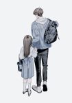  1boy 1girl absurdres backpack bag black_hair blue_jacket blue_sky denim denim_jacket from_behind full_body height_difference hetero highres holding_hands jacket long_hair nanoka_san original short_hair simple_background sky straight_hair tote_bag very_long_hair white_background 