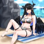  1girl absurdres aidoruhakase beach beach_towel bikini black_bikini black_choker black_hair black_wings blue_hair blue_nails blue_sky breasts choker cleavage cloud colored_inner_hair feathered_wings highres hololive hololive_english large_breasts long_hair looking_at_viewer multicolored_hair nail_polish navel nerissa_ravencroft o-ring o-ring_choker red_eyes rock sand sky smile solo swimsuit thigh_strap towel water wings 