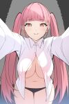  absurdres black_panties blush breasts cleavage covered_nipples dress_shirt entogman fire_emblem fire_emblem:_three_houses highres hilda_valentine_goneril large_breasts long_hair looking_at_viewer midriff navel nipples no_bra open_clothes open_shirt outstretched_arms panties pink_eyes pink_hair see-through shirt smile thigh_gap twintails underwear 