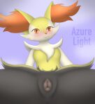  animal_genitalia animal_pussy anthro azurelight blush braixen canid canine canine_genitalia canine_pussy female generation_6_pokemon genitals hi_res looking_at_viewer mammal nintendo pokemon pokemon_(species) presenting presenting_pussy pussy solo 