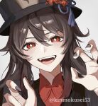  1girl :d black_nails bright_pupils brown_hair commentary flower flower-shaped_pupils genshin_impact grey_background hands_up hat hat_flower hat_tassel highres hu_tao_(genshin_impact) light_blush long_hair looking_at_viewer moi_(kinmokusei53) open_mouth portrait red_eyes red_shirt shirt simple_background smile solo symbol-shaped_pupils teeth twitter_username upper_teeth_only white_pupils 