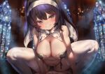  1boy 1girl bare_shoulders black_hair blue_eyes blush breasts cleavage cross girl_on_top grin habit hetero highres large_breasts long_hair looking_at_viewer navel nun original panties partially_visible_vulva pov shuru_y side-tie_panties slit_pupils smile solo_focus thighhighs thong underwear white_thighhighs 