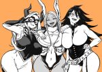  3girls :d animal_ears black_hair bodysuit boku_no_hero_academia breast_press breasts covered_navel crescent_print cuffs curvy domino_mask elbow_gloves fur_collar gloves greyscale_with_colored_background hair_between_eyes hand_on_another&#039;s_shoulder hand_on_own_hip handcuffs highleg highleg_leotard highres horns kyuugata large_breasts leotard long_eyelashes long_hair looking_at_viewer mask midnight_(boku_no_hero_academia) mirko mount_lady multiple_girls orange_background parted_bangs rabbit_ears rabbit_girl side-by-side smile taut_leotard thigh_gap tongue tongue_out v_over_eye white_hair wide_hips 