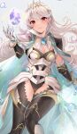  1girl armor black_leotard breasts cape cleavage corrin_(female)_(fire_emblem) corrin_(female)_(silent_bloodline)_(fire_emblem) corrin_(fire_emblem) crown fire_emblem fire_emblem_fates fire_emblem_heroes frills gloves hair_between_eyes hair_ornament haru_(nakajou-28) highres jewelry leotard long_hair looking_at_viewer official_alternate_costume pointy_ears red_eyes see-through shoulder_armor solo tiara white_hair 