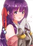  1girl arianna_caledonia armor bare_shoulders blush breastplate bright_pupils from_side gloves hair_ribbon highres long_hair looking_at_viewer open_mouth purple_eyes purple_hair ribbon sekaiju_no_meikyuu shin_sekaiju_no_meikyuu_2 solo steepled_fingers upper_body user_jakv3352 white_background white_gloves white_pupils 