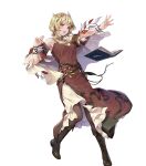  1girl armpits bare_shoulders belt blonde_hair book boots breasts capelet citrinne_(fire_emblem) dress feathers fire_emblem fire_emblem_engage fire_emblem_heroes floating floating_object full_body gold_trim hair_ornament hands_up highres knee_boots long_dress medium_breasts ne-on non-web_source official_art open_book open_mouth pantyhose purple_eyes short_hair solo teeth transparent_background upper_teeth_only 