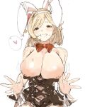  1girl alternate_breast_size animal_ears bare_shoulders black_dress black_skirt blonde_hair blush bow bowtie breasts brown_eyes cleavage covered_navel djeeta_(granblue_fantasy) dress fake_animal_ears gorirago goriragomuteki granblue_fantasy grin heart large_breasts leotard looking_at_viewer nipples playboy_bunny rabbit_ears red_bow red_bowtie short_hair simple_background sketch skirt sleeveless smile solo spoken_heart strapless strapless_leotard sweat white_background wrist_cuffs 