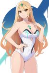  1girl bare_arms bare_shoulders blonde_hair breasts brown_eyes choker cleavage collarbone commentary earrings edmonmondo english_commentary groin hand_up headpiece highres jewelry long_hair medium_breasts mythra_(xenoblade) one-piece_swimsuit solo standing swimsuit very_long_hair white_background white_choker white_one-piece_swimsuit xenoblade_chronicles_(series) xenoblade_chronicles_2 