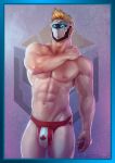  1boy ^_^ abs artificial_eye bara blonde_hair bulge canadian_flag_print closed_eyes commission feet_out_of_frame hand_on_own_shoulder highres indie_virtual_youtuber jockstrap large_bulge large_pectorals looking_ahead male_focus male_underwear mask masked_himbo_(silvyspark) muscular muscular_male navel nipples pectorals red_male_underwear rocket_(artofrocket) second-party_source short_hair solo sparse_navel_hair spiked_hair standing stomach thick_thighs thighs topless_male underwear veins veiny_arms virtual_youtuber 