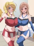  2girls bare_shoulders bed blonde_hair blue_eyes breast_press breasts brown_eyes cheerleader hachimiya_meguru hand_up high-waist_panties high_ponytail highres idolmaster idolmaster_shiny_colors indoors large_breasts long_hair multiple_girls navel one_eye_closed open_mouth ponytail sakuragi_mano skirt smile symmetrical_docking thighhighs za_yu_a 