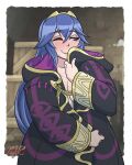  blue_eyes blue_hair blush boyfriend_shirt breasts cleavage_cutout clothing_cutout covering_breasts covering_mouth covering_privates fire_emblem fire_emblem_awakening fire_emblem_heroes heterochromia highres hood hooded_coat legendsnjk long_hair lucina_(fire_emblem) oversized_clothes small_breasts smile tiara 