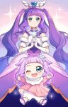  1girl ;d absurdres aged_up aqua_eyes baby bai_xin commentary_request cure_majesty dress dual_persona elbow_gloves ellee-chan eyelashes gloves gradient_background hair_ornament happy highres hirogaru_sky!_precure long_hair looking_at_viewer magical_girl one_eye_closed open_mouth precure purple_dress purple_hair smile solo standing thighhighs thighs white_thighhighs wing_hair_ornament 