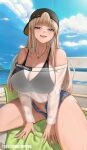  1girl arms_between_legs backwards_hat bandaid bare_shoulders black_headwear blonde_hair blue_eyes blue_shorts blue_sky blush breasts centi_(nikke) centi_(supreme_holiday)_(nikke) cleavage collarbone goddess_of_victory:_nikke hat highres large_breasts long_hair long_sleeves looking_at_viewer midriff navel official_alternate_costume open_fly open_mouth outdoors see-through short_shorts shorts sitting sky smile solo spiz teeth thighs unbuttoned upper_teeth_only 
