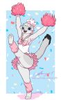  2023 ais05 anthro bottomwear cheerleader cheerleader_outfit cheerleading_pose clothed clothing digital_media_(artwork) female fur hair hi_res lumi_(paledrake) mammal mustelid musteline open_mouth paledrake pom_poms pose signature simple_background skirt smile solo stoat tongue topwear true_musteline weasel white_body white_fur 