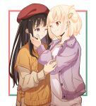  2girls absurdres aoi_hane beret black_hair blonde_hair brown_shirt brown_sweater collared_jacket commentary_request cowboy_shot hair_ornament hairclip hand_on_another&#039;s_face hand_on_another&#039;s_waist hat highres inoue_takina jacket long_hair long_sleeves looking_at_another lycoris_recoil multiple_girls nishikigi_chisato official_alternate_costume one_eye_closed one_side_up open_clothes open_jacket puffy_sleeves purple_eyes purple_jacket red_eyes red_headwear shirt short_hair sidelocks signature smile sweater twitter_username white_background white_sweater yuri 