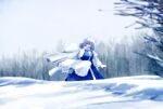 absurdres apron bare_tree blue_skirt blue_vest blurry blurry_background cape closed_eyes forest highres hill koyane_(silver81106) lapel_pin letty_whiterock medium_hair nature one-hour_drawing_challenge skirt sky snow touhou tree vest waist_apron white_apron white_cape white_sky 