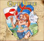  2girls arm_around_waist artist_name blue_hair bracelet character_name closed_eyes earrings family flag greenland greenland_flag hairband holding holding_flag hug jewelry long_hair mountain multiple_girls nami_(one_piece) nojiko ocean one_eye_closed one_piece open_mouth opirou orange_hair outdoors shoulder_tattoo siblings sisters smile tattoo water wavy_hair 