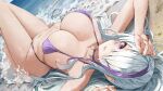  1girl arched_back azur_lane beach bikini commentary day hair_over_one_eye highres ki-16 knees_up looking_at_viewer lying multicolored_hair navel ocean on_back outdoors parted_lips purple_bikini purple_eyes purple_hair solo stomach streaked_hair swimsuit thighs unzen_(azur_lane) unzen_(sojourn_through_clear_seas)_(azur_lane) water wet white_hair 