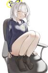  1girl absurdres ass black_hoodie black_socks blue_archive blush chair closed_eyes full_body grey_hair halo hare_(blue_archive) highres hood hood_down hoodie kapo long_hair long_sleeves open_mouth ponytail simple_background sitting socks solo white_background 