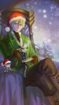  1boy blonde_hair blue_flower blue_rose boots chair coat cup eiyuu_densetsu flower gloves green_eyes hat holding holding_cup jusis_albarea long_sleeves looking_at_viewer machias_regnitz peach_(marslave) rose santa_hat sen_no_kiseki sen_no_kiseki_iii short_hair sitting snowflakes solo steam stuffed_toy tea teacup 