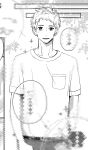  1boy arms_at_sides blurry breast_pocket collarbone commentary diamond_(shape) dotted_line greyscale highres looking_at_viewer male_focus monochrome open_mouth original pants patterned_background pocket rectangle saitou_shiori_(pixiv14549321) screentones shirt short_bangs short_hair short_sleeves smile solo t-shirt teeth upper_body upper_teeth_only 