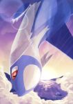  absurdres claws cloud commentary_request flying hatoro_kuroyoshi highres latios lens_flare looking_down no_humans outdoors pokemon pokemon_(creature) red_eyes sky solo sunset twilight water 