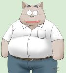  2023 anthro belly big_belly black_nose bottomwear canid canine canis clothing domestic_dog eyes_closed kemono male mammal overweight overweight_male pants shirt simple_background solo topwear toshi_(artist) 