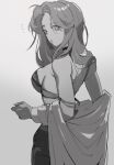  1girl blush bra breasts choker greyscale highres large_breasts limbus_company long_hair long_sleeves looking_at_viewer monochrome notice_lines off_shoulder pants parted_lips pipio project_moon rodion_(limbus_company) shirt sidelocks solo underwear very_long_hair 