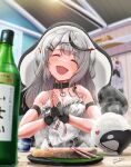  1girl alcohol black_gloves black_hair bowl breasts chair chopsticks cleavage closed_eyes collar cup dress estrella_(uypu4574) fang fingerless_gloves gaming_chair gloves grey_hair happy highres hololive indoors light_blush long_hair medium_breasts multicolored_hair multiple_hairpins open_mouth plate red_nails rice sakamata_chloe sake sitting solo swivel_chair virtual_youtuber white_dress 