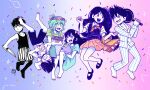  aubrey_(headspace)_(omori) aubrey_(omori) barefoot basil_(headspace)_(omori) basil_(omori) basket black_hair black_shorts blue_dress blue_eyes book bow commentary_request dress french_commentary frown frying_pan green_hair grin hair_bow head_wreath hero_(headspace)_(omori) hero_(omori) holding holding_basket holding_book holding_frying_pan holding_knife kel_(headspace)_(omori) kel_(omori) kitchen_knife kneehighs knife mari_(headspace)_(omori) mari_(omori) midair miniskirt omori one_eye_closed open_mouth orange_skirt osulan overalls pajamas picnic_basket pleated_skirt purple_hair shorts signature skirt smile socks sparkle striped striped_shorts sunny_(omori) sweater_vest tank_top 