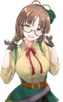  1girl akizuki_ritsuko antenna_hair belt_buckle black-framed_eyewear blush braid breasts brown_hair buckle center_frills fingerless_gloves frills glasses gloves hat highres idolmaster idolmaster_(classic) idolmaster_million_live! large_breasts looking_at_viewer mini_hat neck_ribbon red_ribbon ribbon semi-rimless_eyewear simple_background solo tilted_headwear twin_braids under-rim_eyewear unu_(unucence) white_background 