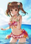  1girl bare_shoulders bikini blue_ribbon blue_sky blush bow bracelet breasts brown_eyes brown_hair cleavage closed_mouth clover collarbone day flower hair_bow hair_flower hair_ornament hair_ribbon hand_up hibiscus highres idolmaster idolmaster_cinderella_girls idolmaster_cinderella_girls_starlight_stage in_water jewelry layered_bikini long_hair looking_away medium_breasts michii_yuuki navel necklace ocean ogata_chieri outdoors pink_bikini pink_nails red_ribbon ribbon shy sidelocks sky smile solo standing swimsuit twintails wet wince 