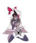  breasts clothed clothing demon demon_humanoid eclipsa78 female grey_body hair hazbin_hotel hi_res humanoid nipples panties partially_clothed simple_background smile solo thick_thighs underwear vaggie_(hazbin_hotel) white_hair 